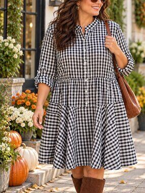 Kate Kasin 2XL Black White Gingham Button Front Shirt Dress Roll Tab Sleeve